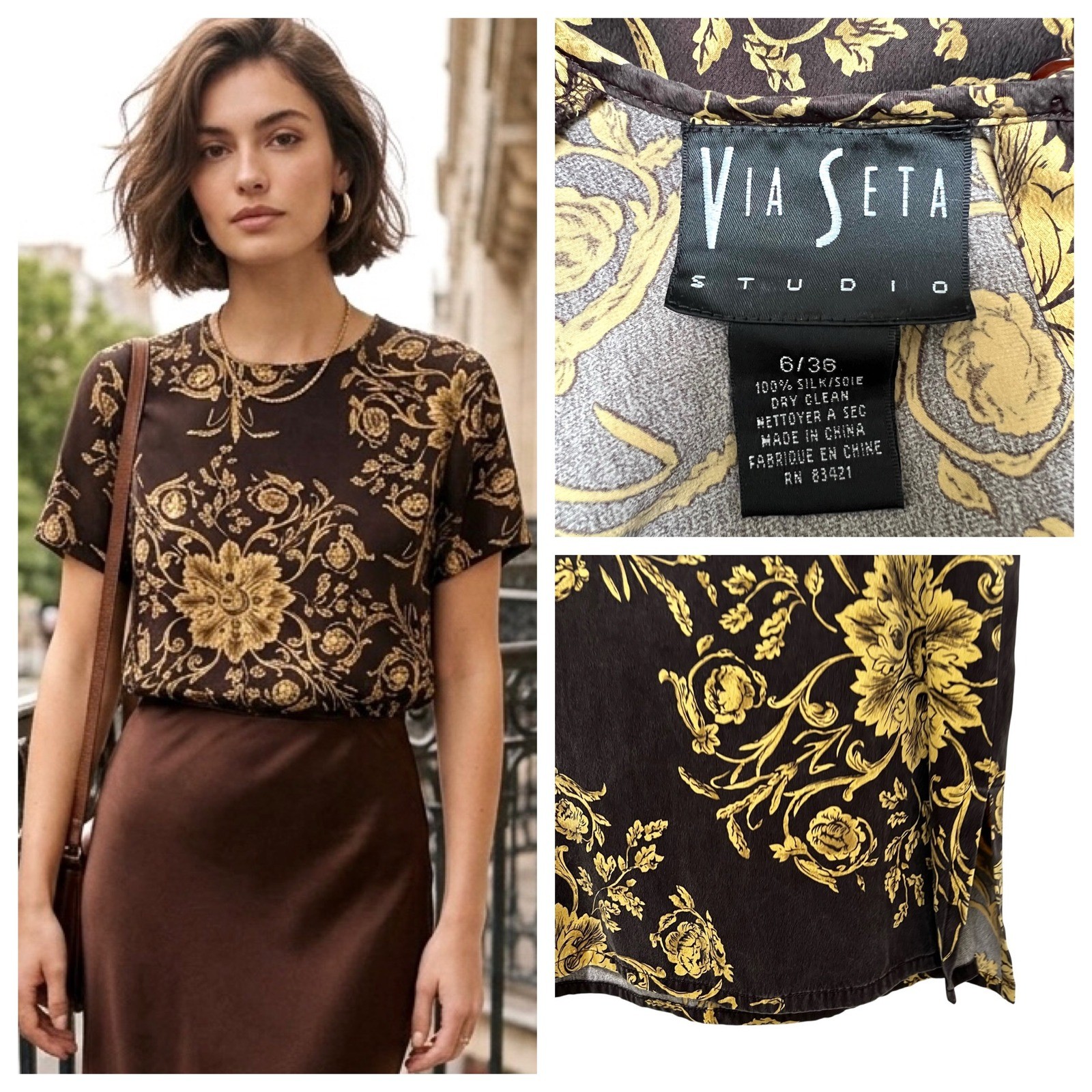 Via Seta Vintage 90s Silk Baroque Blouse Brown Gold Sz 6 Old Money Office Siren