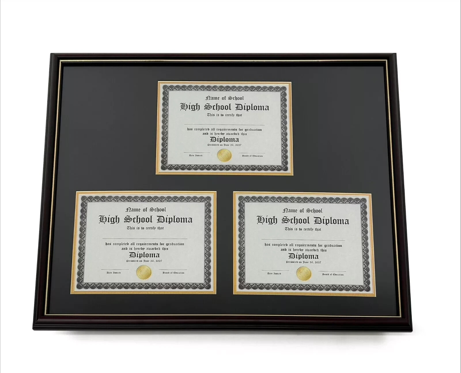 Triple Document Graduation Diploma Frame in Real Wood Glossy Cherry with Gold