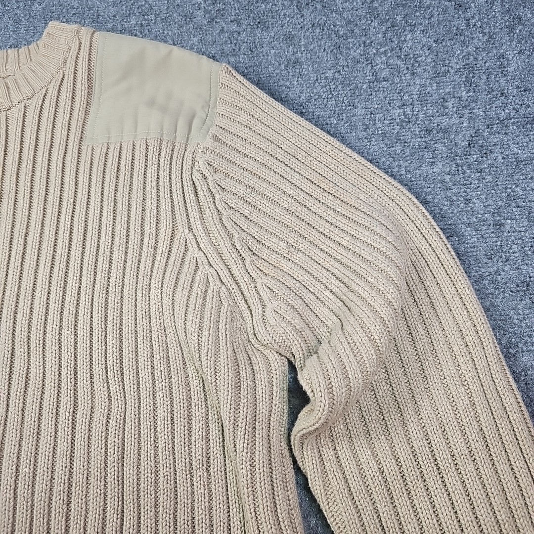 LL Bean Mens Medium Reg Commando Sweater Cotton Ribbed Elbow Patch 0BYK5 Khaki