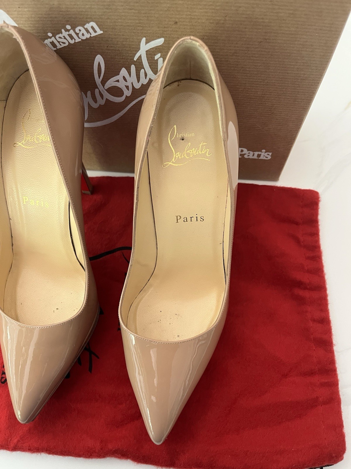 Christian Louboutin Women’s Beige Patent Leather Pointed Platform Pumps EU 37.5