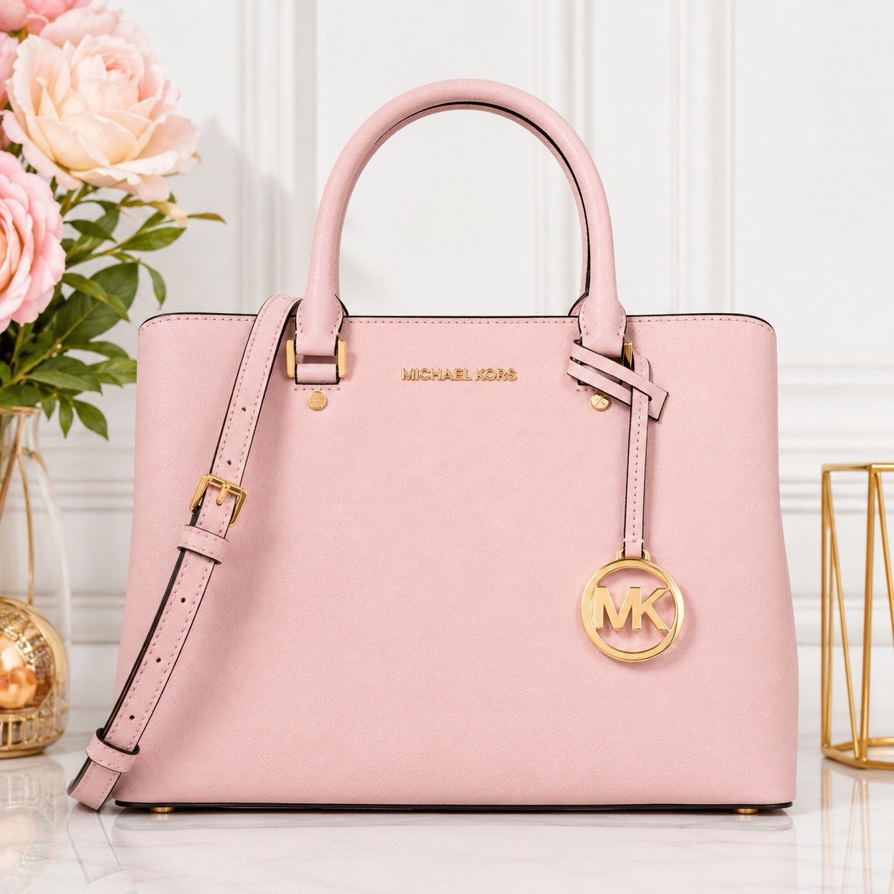 NWT Michael Kors Savannah Blossom Pink Saffiano Leather Satchel Crossbody Large