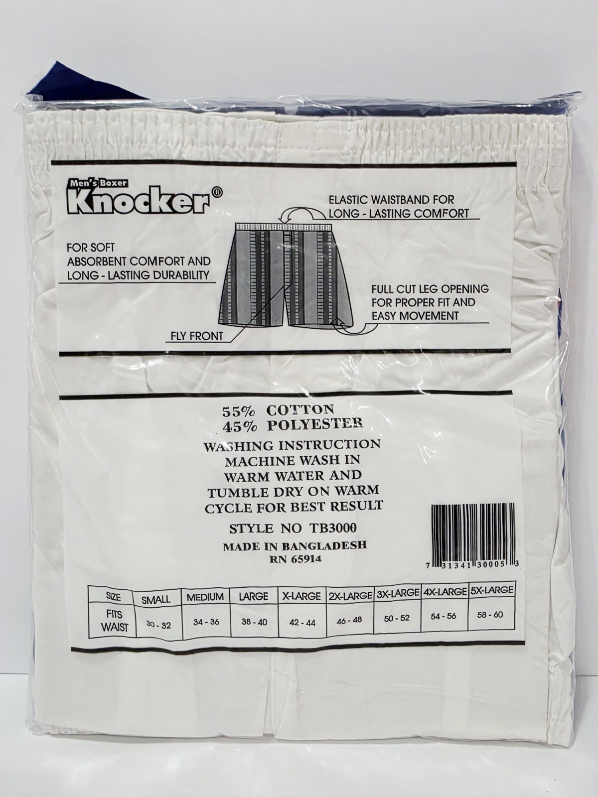 Knocker 3-Pack Men’s TB3000 White Boxer Shorts Medium 34-36 Elastic Fly Leg New