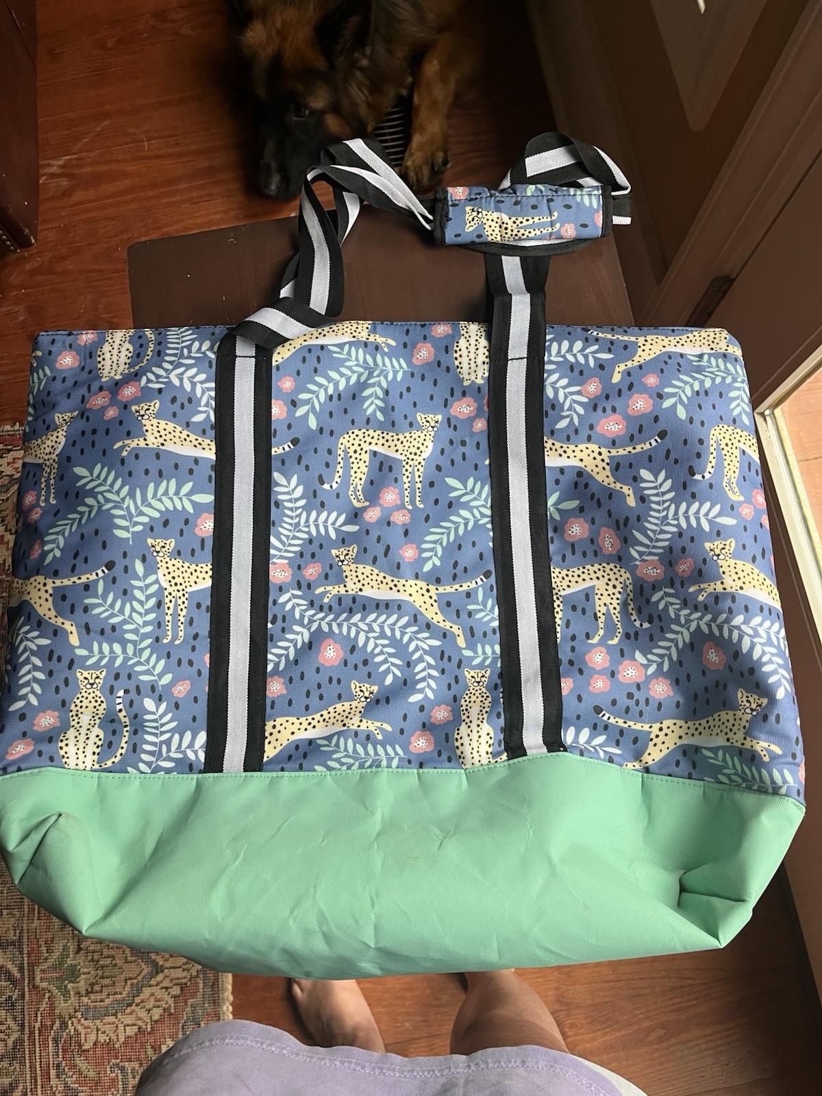 Marley Lilly Large Zip-Top Tote Blue Cheetah Print Green, Detachable Strap