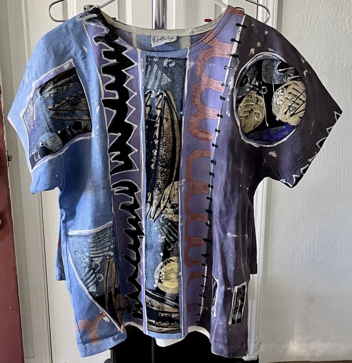 V.C. Torias 1990s Vintage Artist Hand Painted Cotton Shorts Set S/M Blue Purple