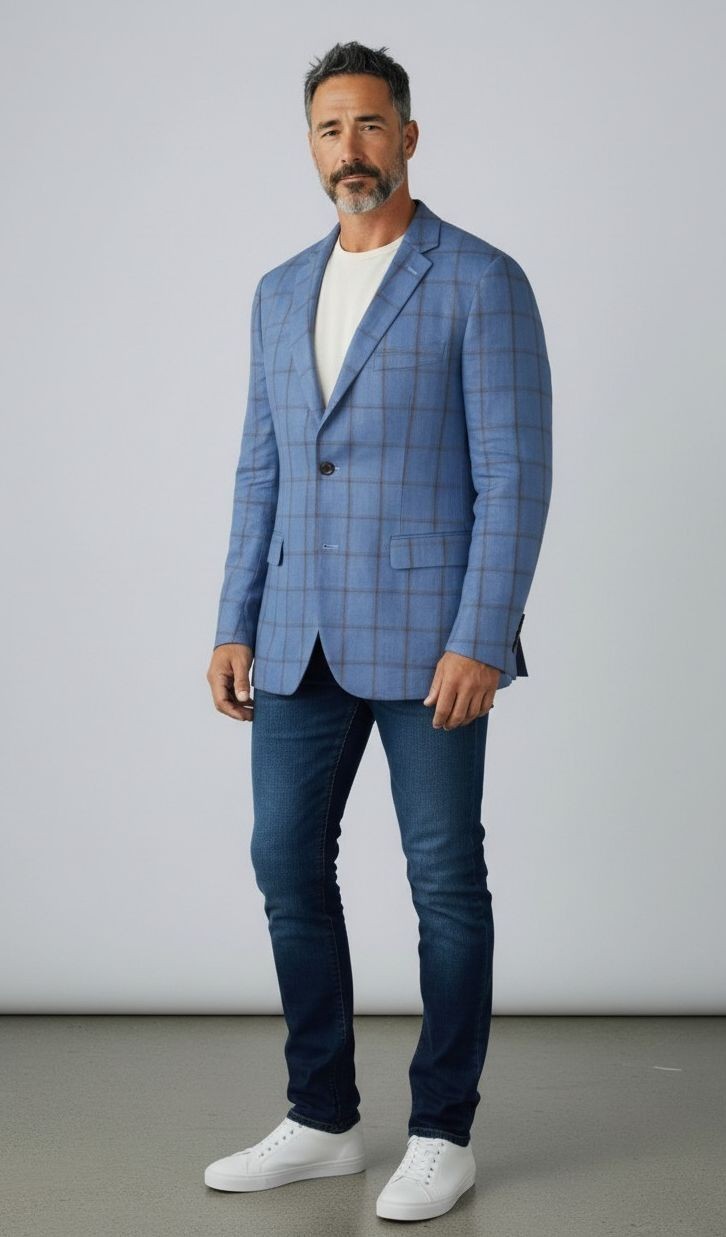 B0 NWOT TALLIA Blue Linen Windowpane Check Pattern Sport Coat Blazer Size 42R