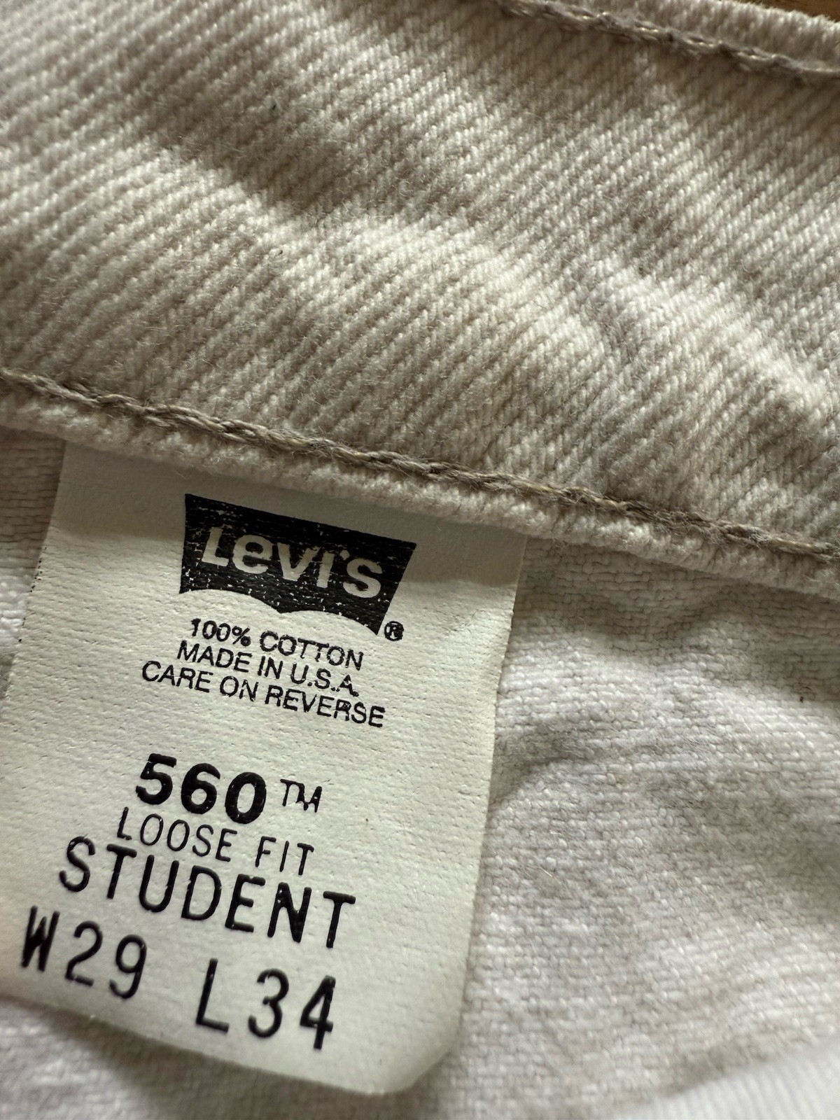 Vintage 1996 Levi’s 560 Orange Tab Beige Jeans 29×32 Baggy Unisex Black Batwing