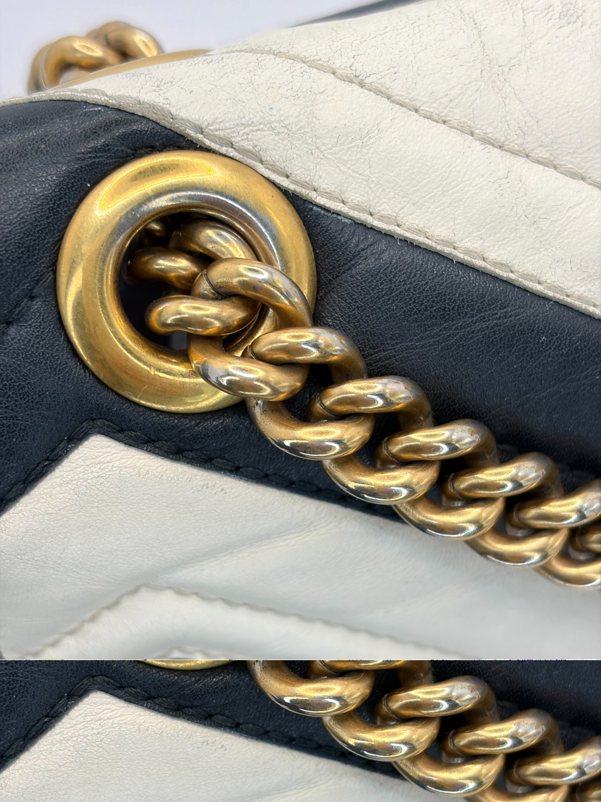 GUCCI GG Marmont Black White Chevron Shoulder Bag Matelasse Chain Crossbody