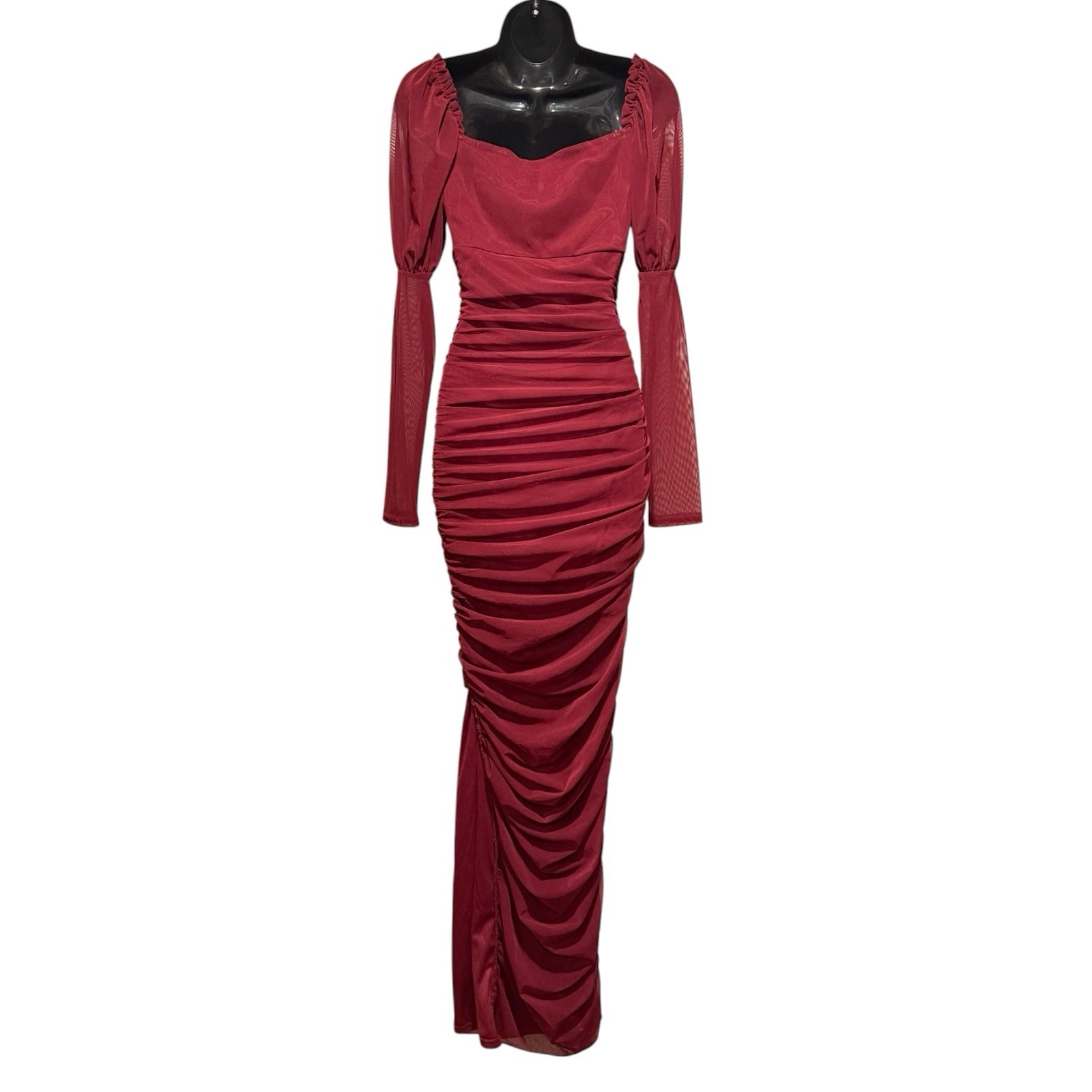 Boohoo sz 4 Edwardian Babydoll Ruched Mesh Burgundy Red Juliet Sleeve Maxi Dress