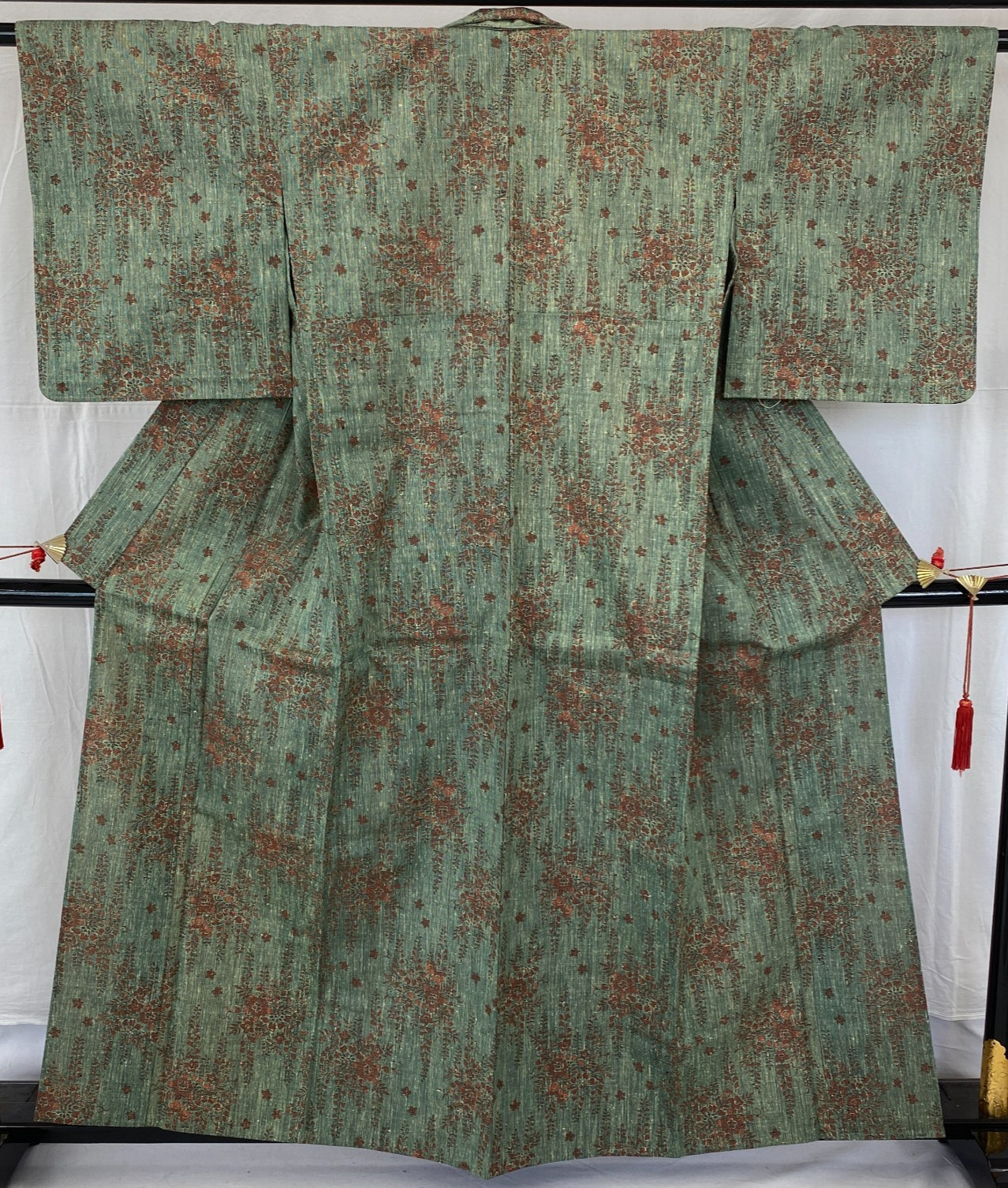 Japanese Vintage Kimono Silk Green Tsumugi No Lining Authentic Length 61 in