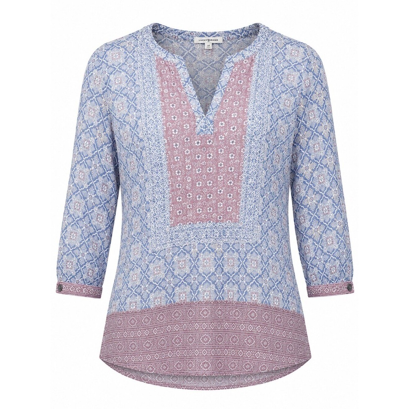 LUCKY BRAND | Boho Print Cotton Modal Peasant Tee Tunic Dusty Blue Pink Top | 1X