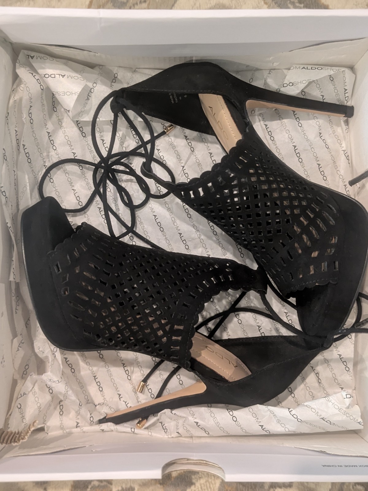 ALDO Women’s Black Suede Strappy Open Toe Lace-Up Cut-Out Stiletto Heel 6