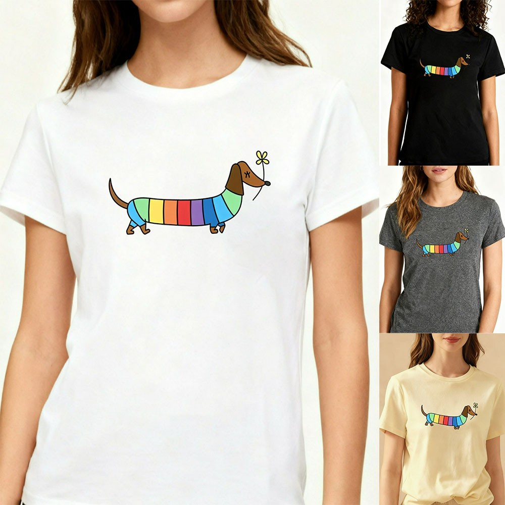 Rainbow Striped Dachshund Graphic Tee W Cute Playful Casual Daily Polyester Top