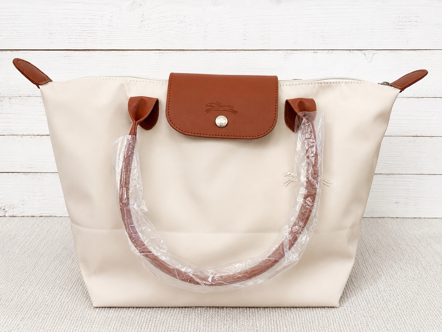 Large Cream Nylon Tote Bag Brown Faux Leather Trim Top Zip Shoulder Bag