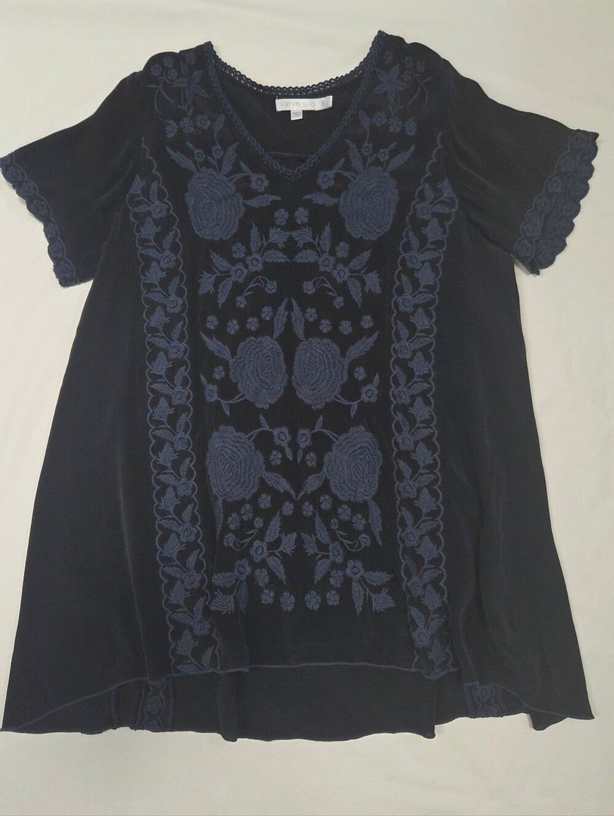Karyn Seo Anthropologie Viscose Embroidered Top S Deep Blue