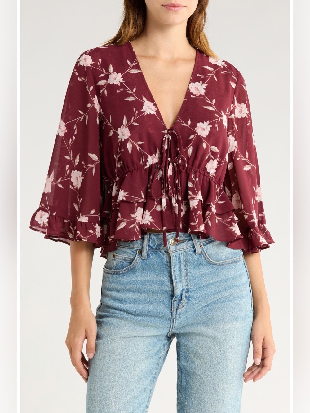 WAYF Free Spirit Floral Ruffle Top XS Burgundy Boho Romantic