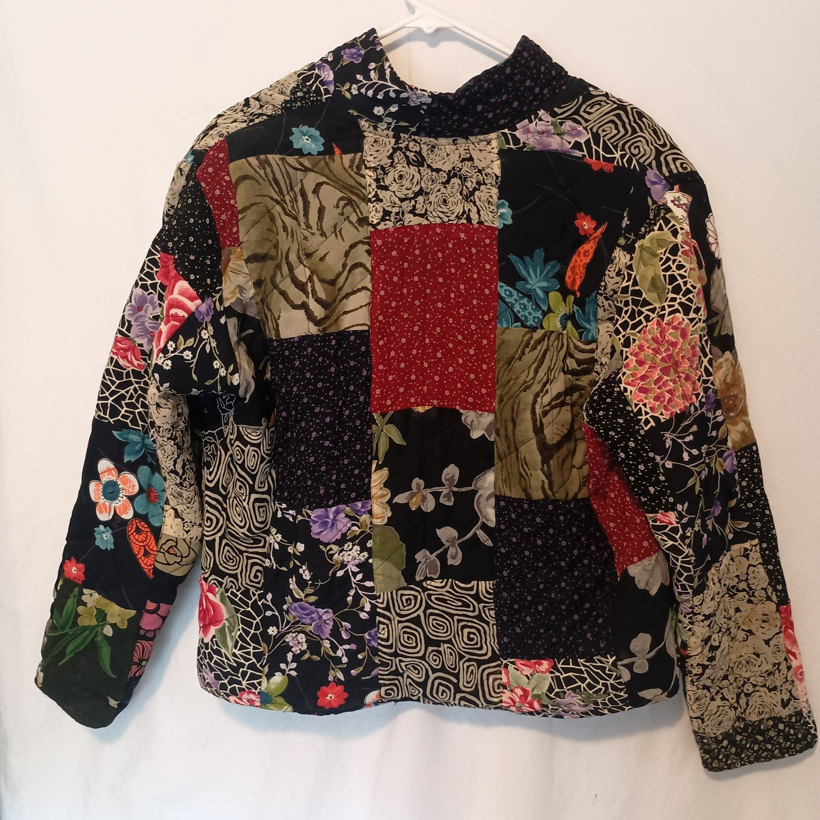 Patchwork Mixed Print Boho Artsy Eclectic Collared Top Jacket SZ L
