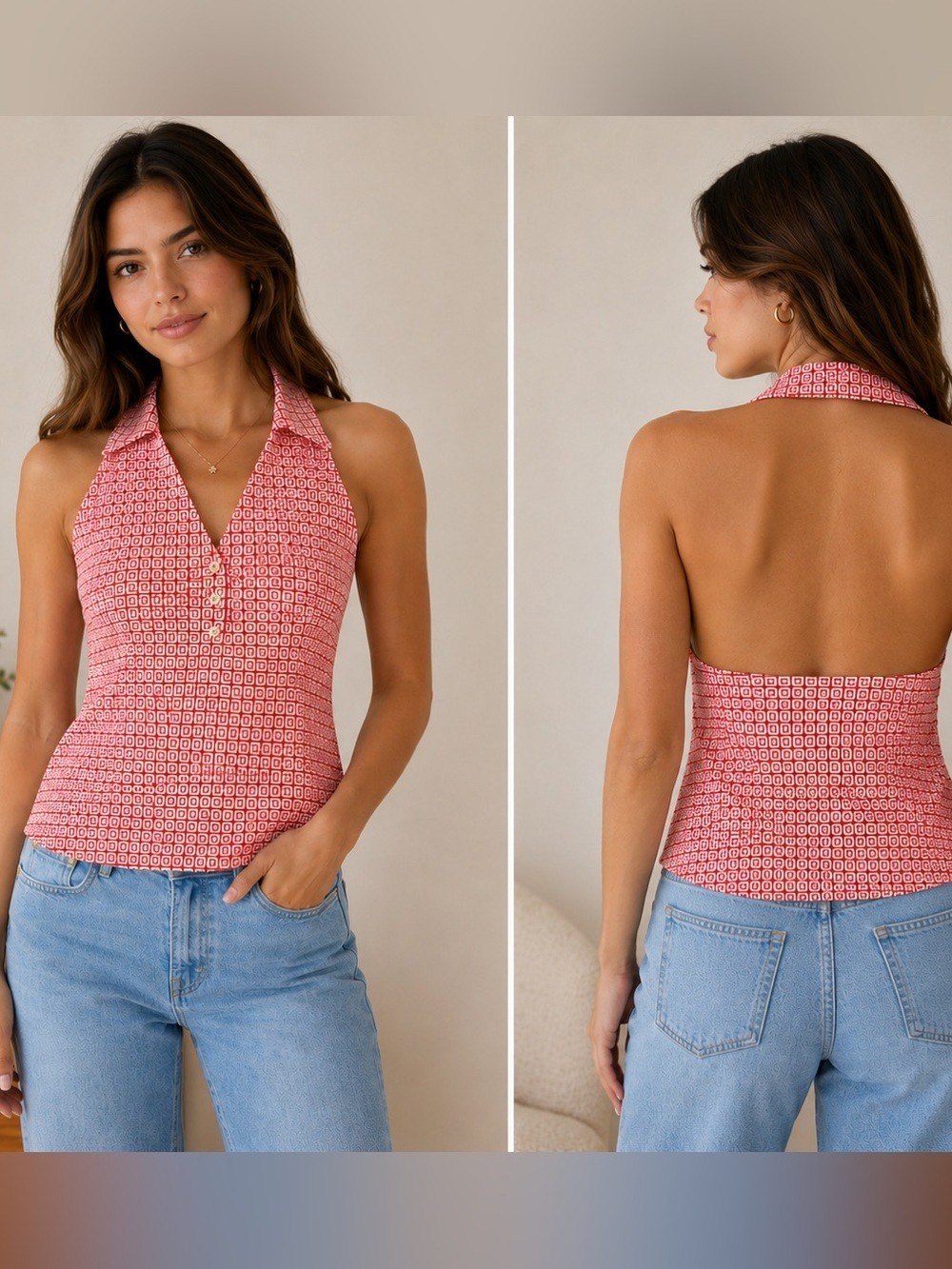 J.McLaughlin Calla Halter Top XL NWT Red White Mini Retro Square Catalina Cloth