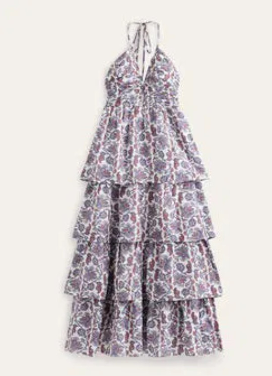 Boden Womens Maxi Dress UK 20R US 16 18R Blue Ruched Tiered Halterneck D0523 NWT