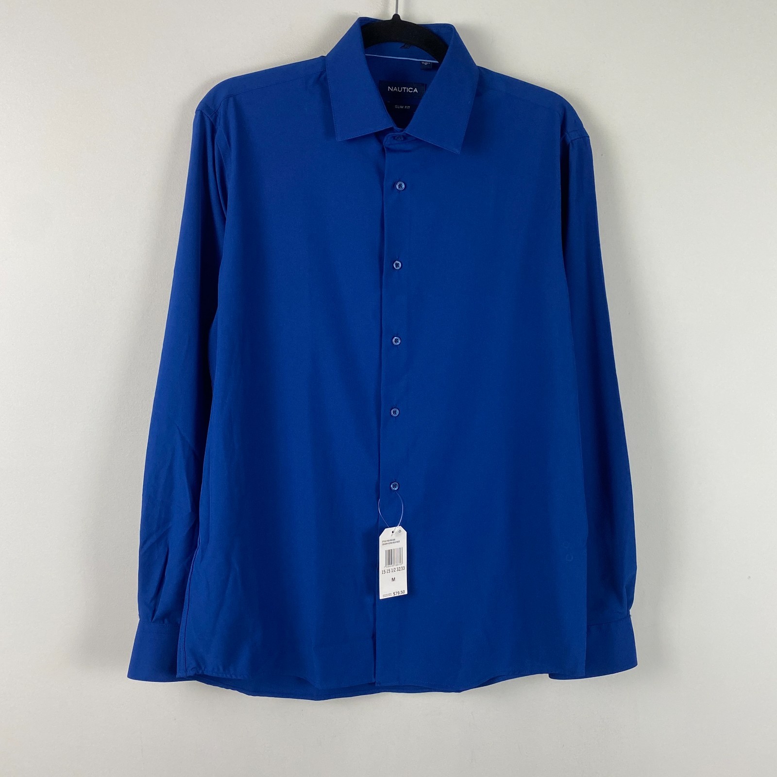 Nautica Performance Slim Fit Button Shirt Mens M 15-15.5 32/33 Solid Blue