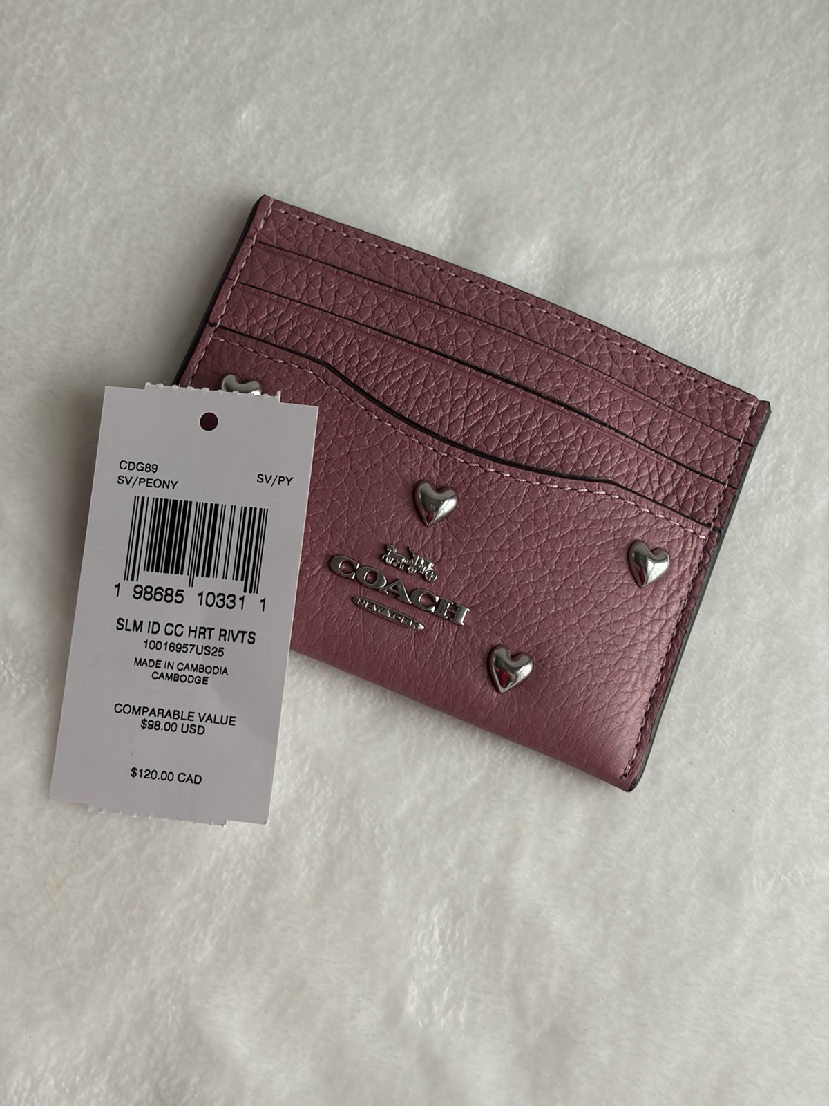 Coach Pink Leather Heart Rivet Slim ID/Document Holder Card Case ID Window