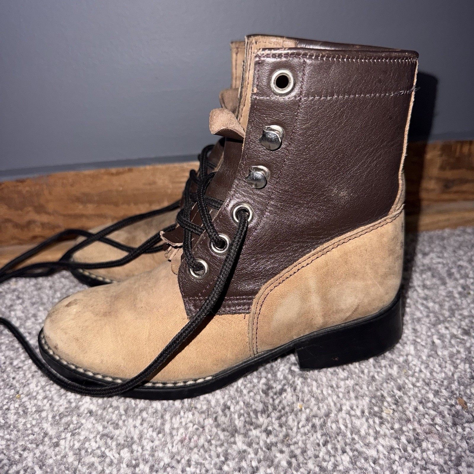 A Jama Product Leather Lace-Up Work Boots Boys Size 10 D Brown Tan Vintage