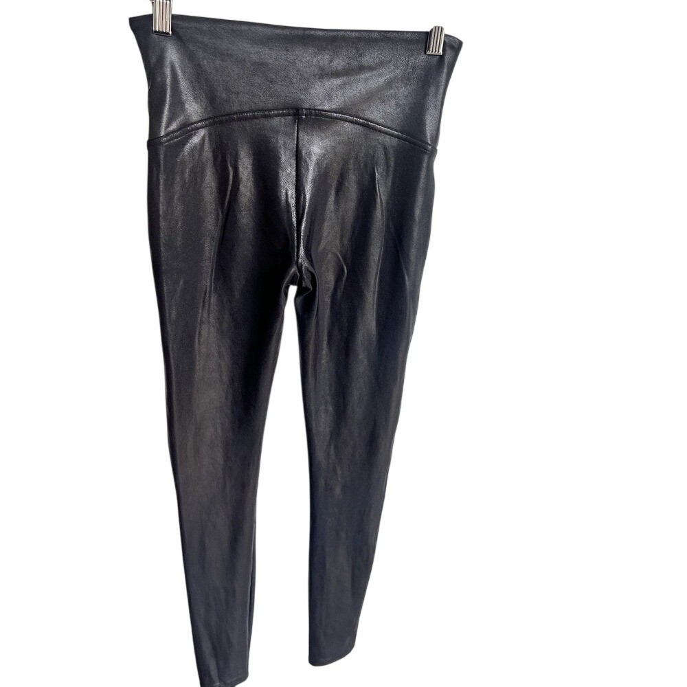 Spanx Faux Leather Leggings Sz Medium Black Shiny Shaping Nylon Pants