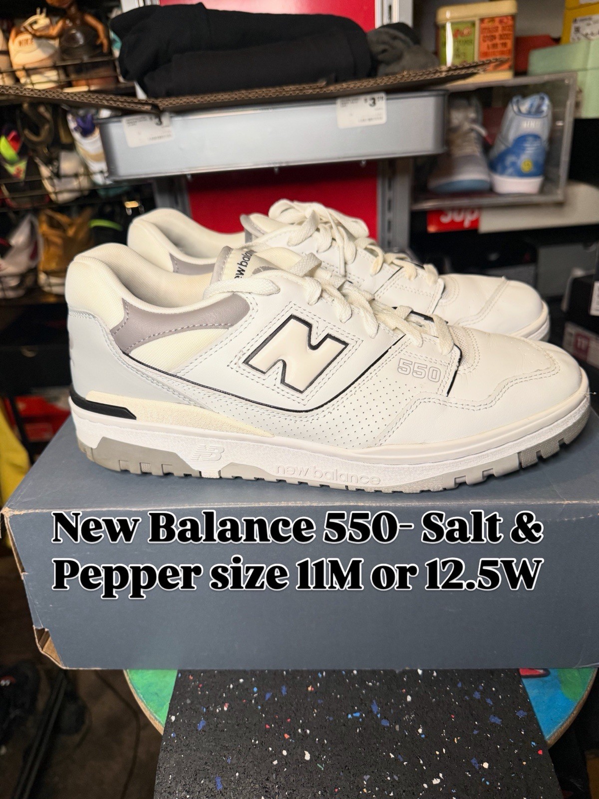 New Balance 550 White/Marblehead/Dark Grey Leather, (Salt & Pepper) Size 11M