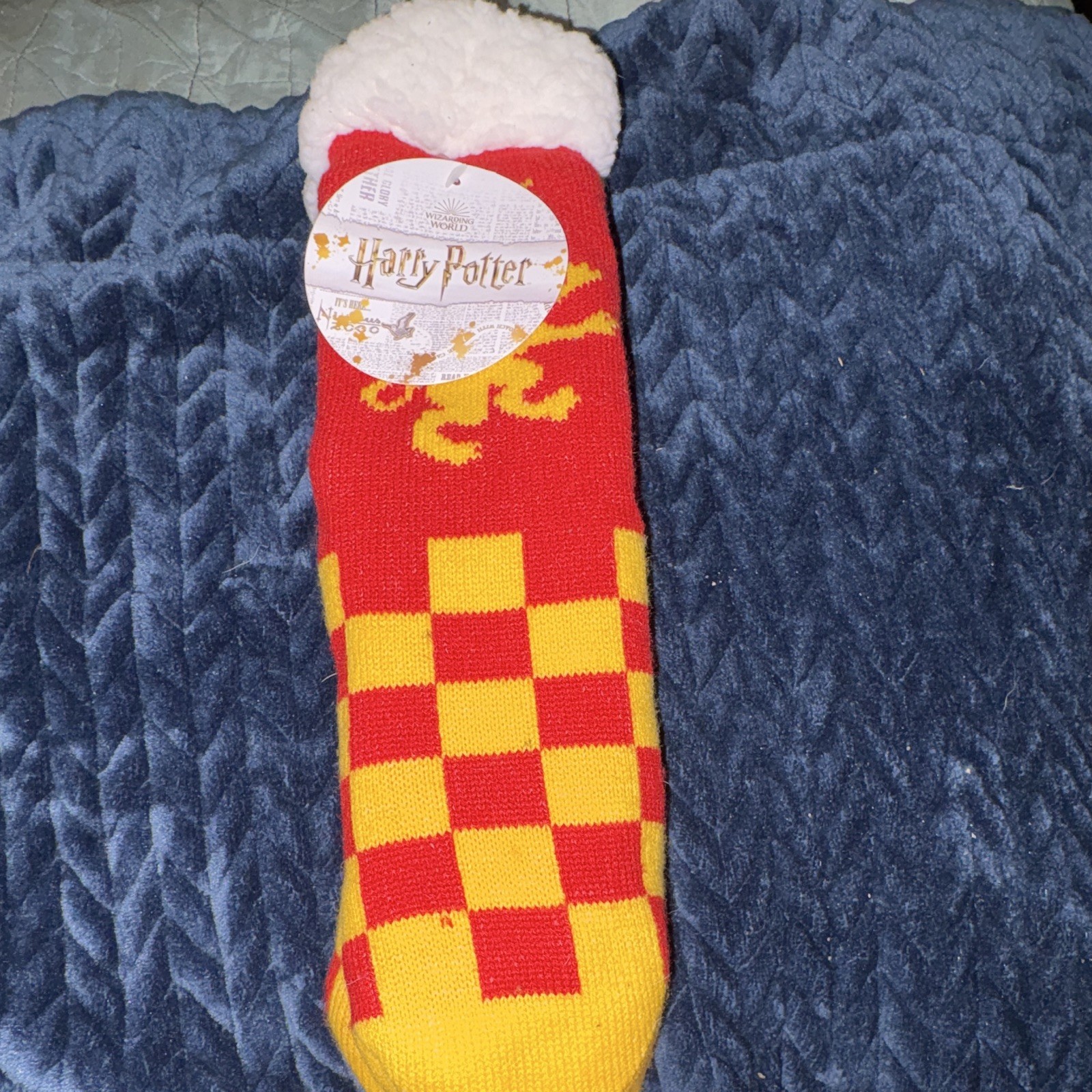 Harry Potter Gryffindor Check Mid Calf Crew Socks Red Yellow White Fuzzy Cuff
