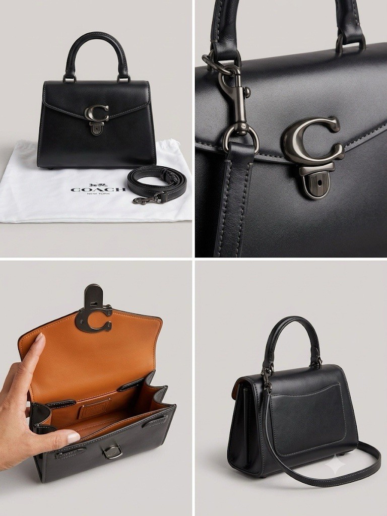 Coach Tabby Top Handle 20 Black Leather Crossbody Satchel Purse Bag