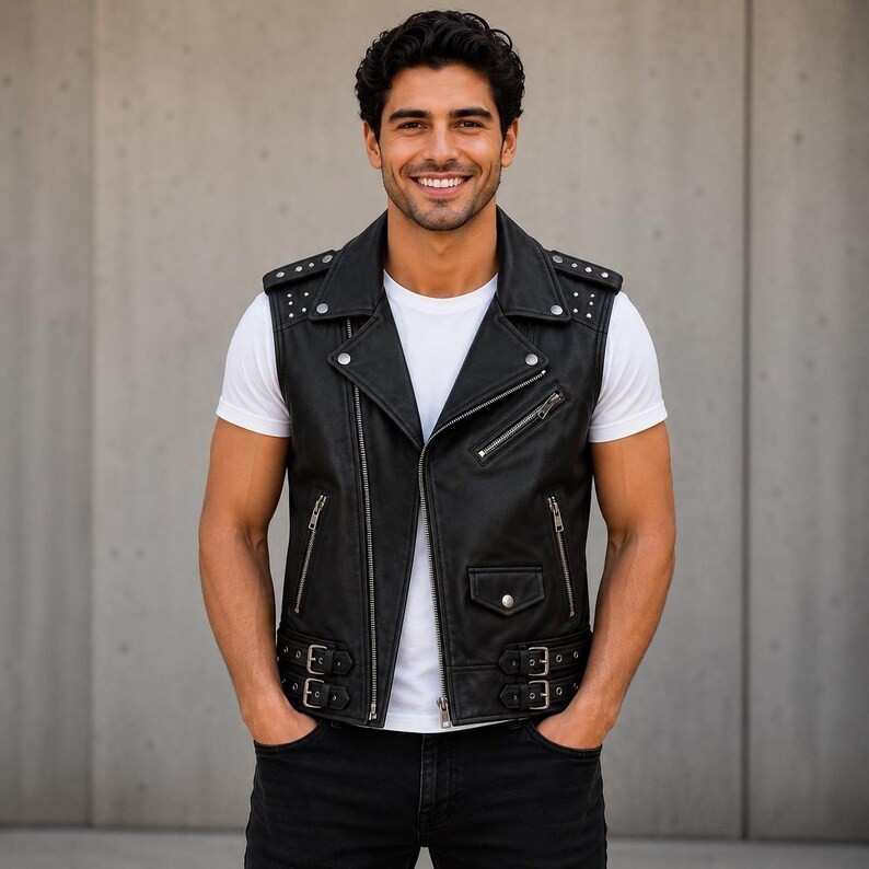 Handmade Black Leather Biker Vest for Men, Punk Motorcycle Style, Available in 4