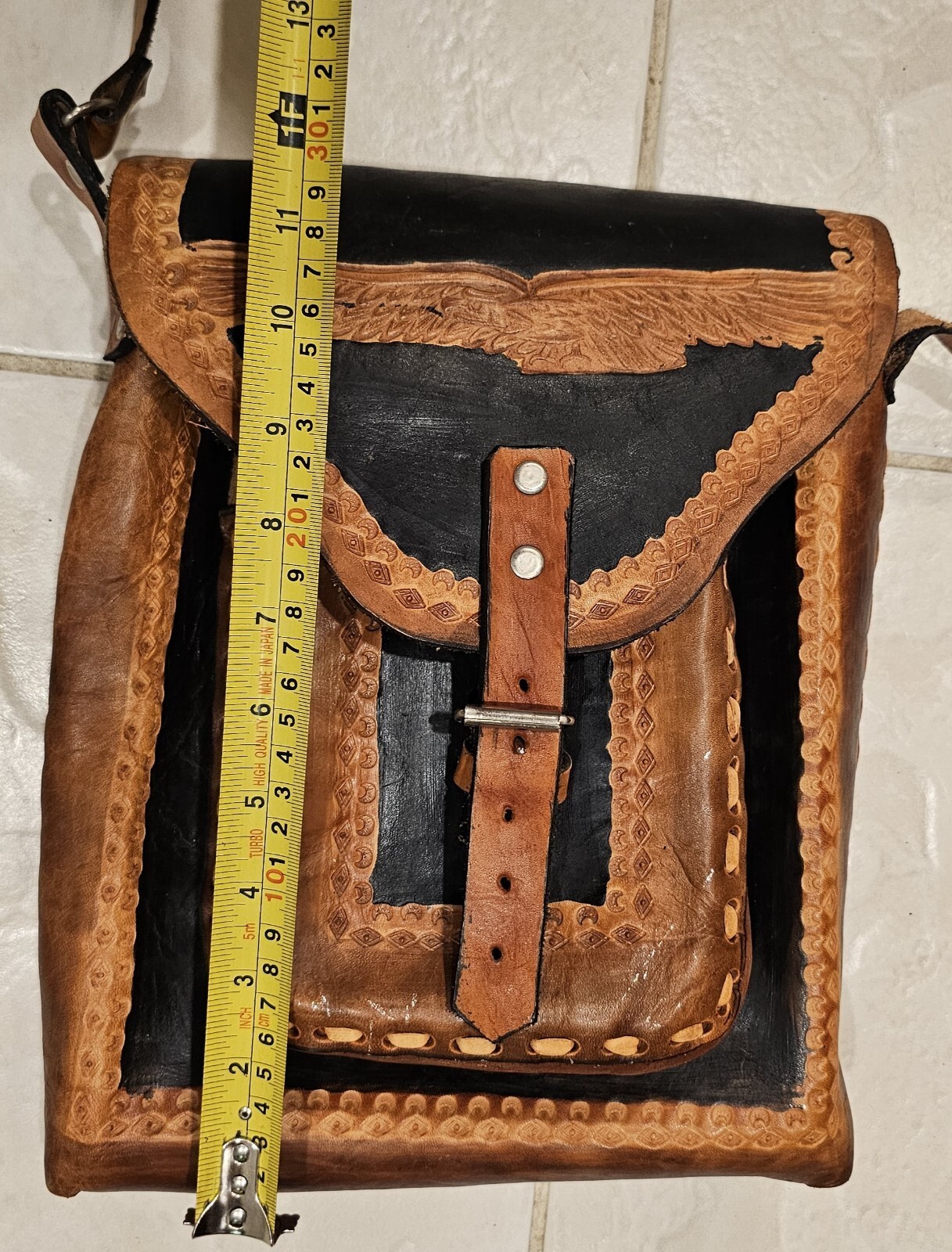 Vintage Hand Tooled Leather Bag Purse Hippie Mexico Crossbody 11″ Aztec Warrior