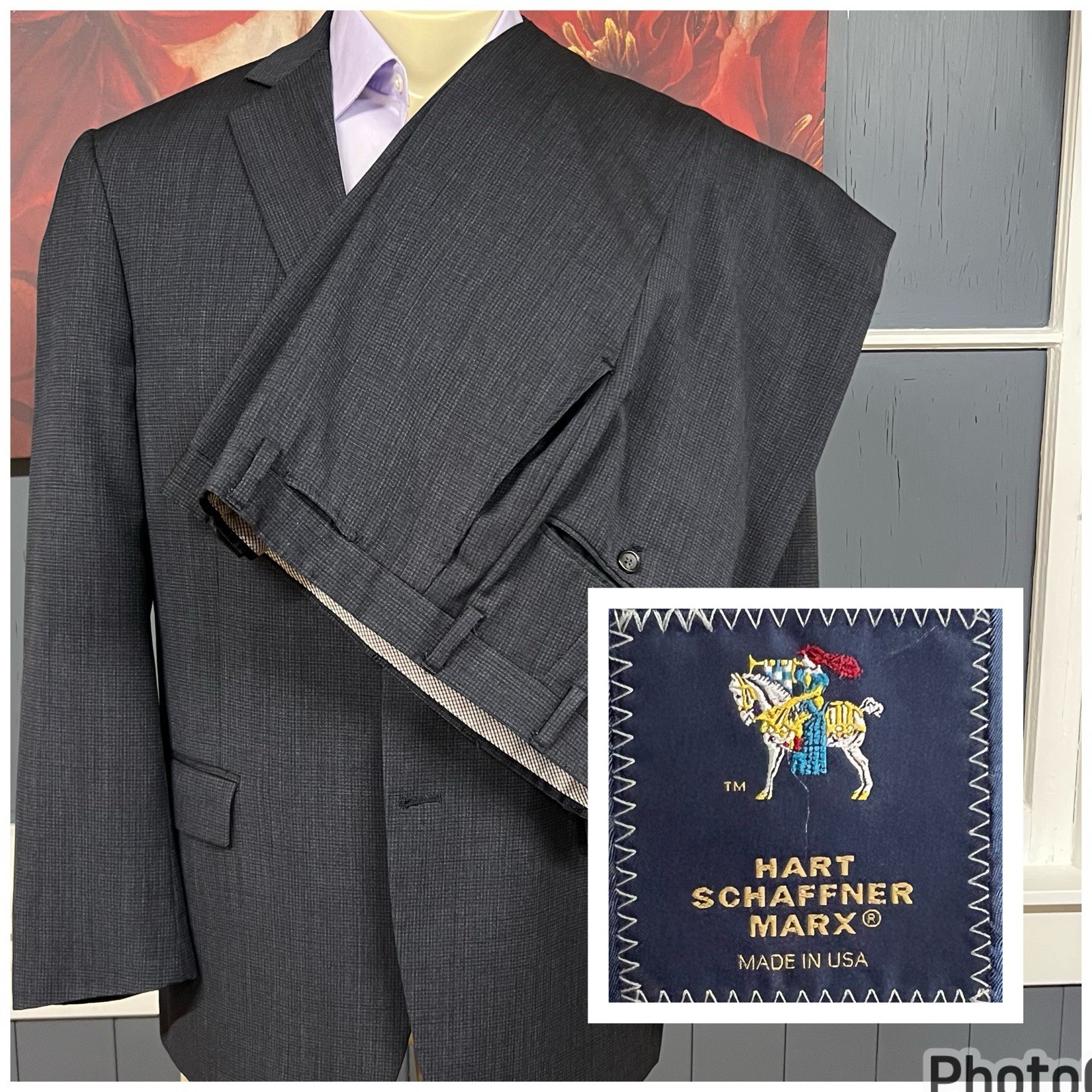 Hart Schaffner Marx (Tiny Hole) Suit Mens 46R Wool Pants 36×27 Navy/Gray/Black