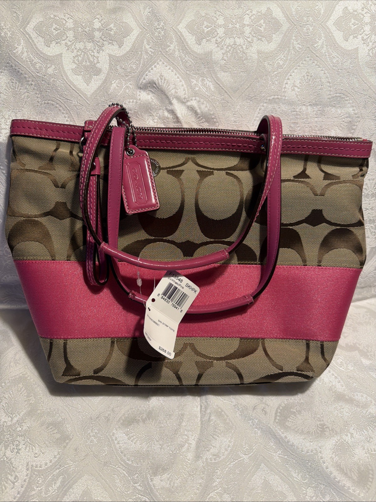 NWT Vintage Y2K Coach Signature Stripe Tote Bag Pink Khaki F13548