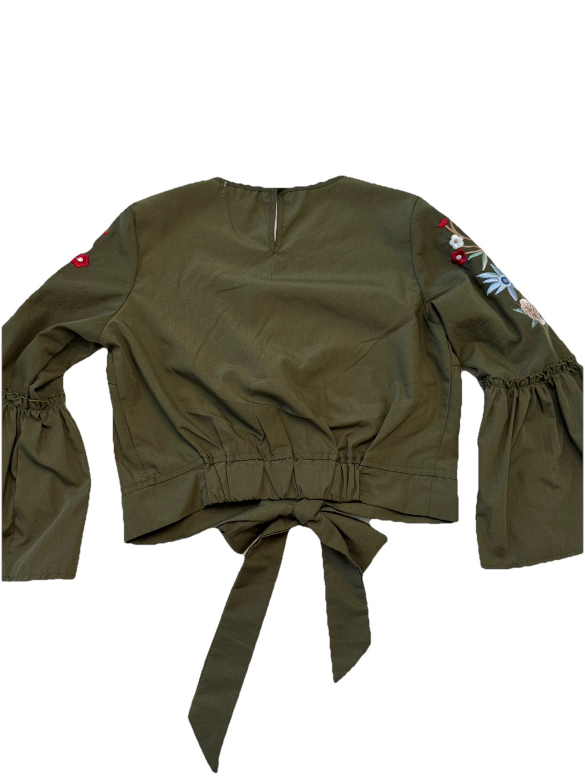 Roommates Gorgeous Embroidered M Olive Green Crop Top w/Bell Sleeves Boho Preppy