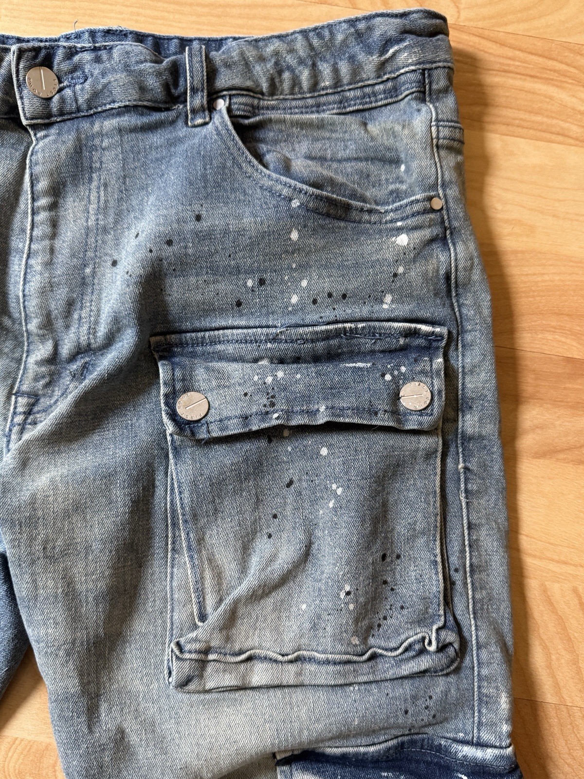 First Row Utility Cargo Repair Distressed Denim Jeans Size 38X32