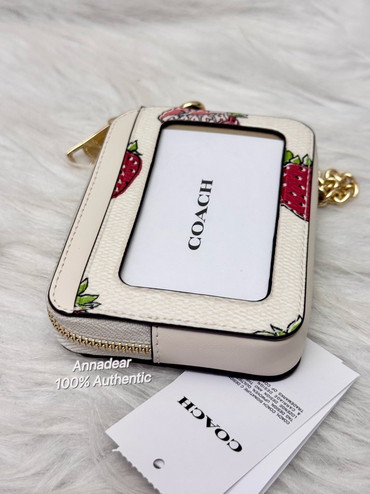 Coach CAR32 Zip Card Case With Strawberry Print NWT Chalk Multi