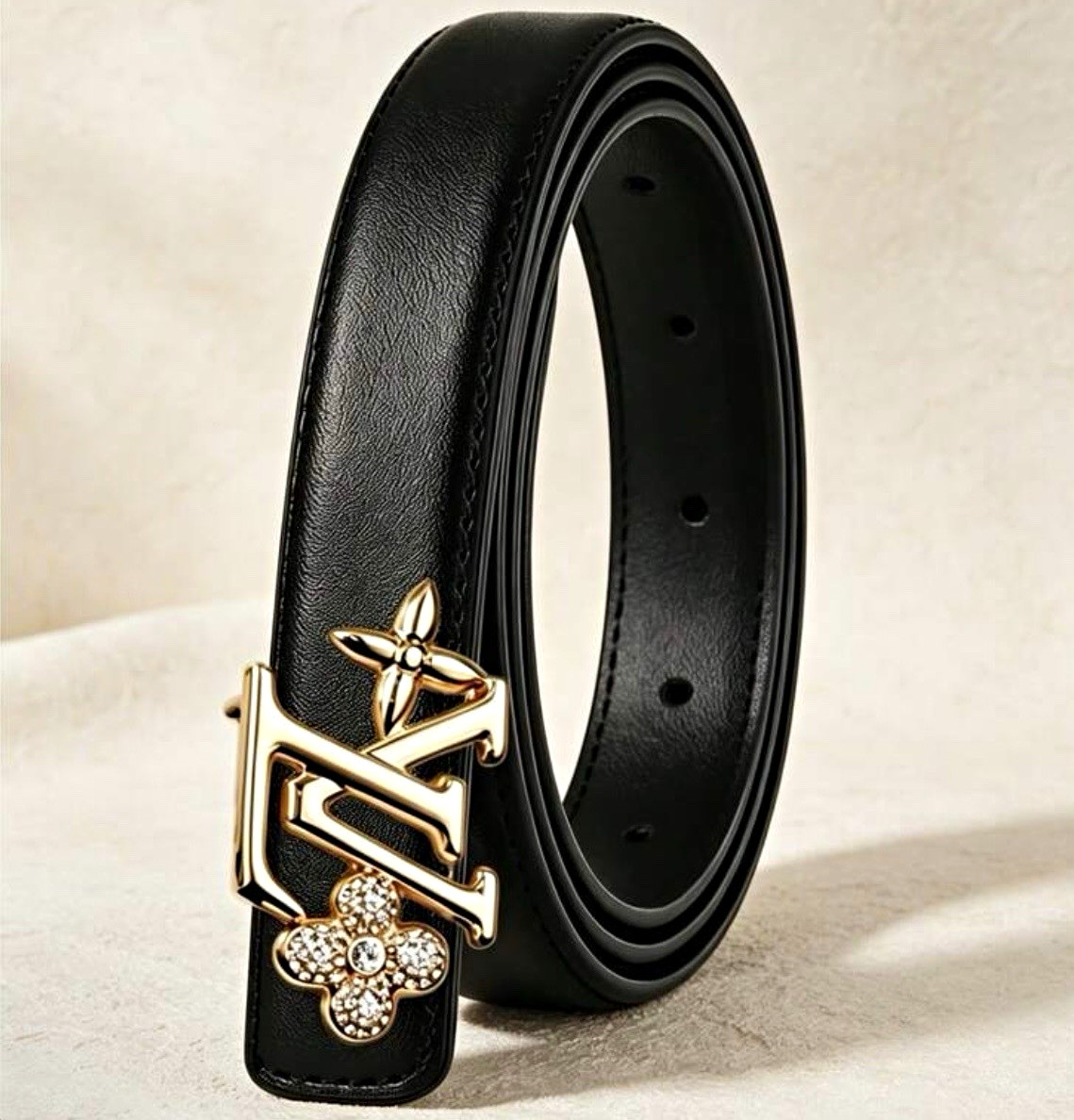 Women’s Black Skinny Dress Belt One Size Adjustable Gold-Tone Logo Buckle