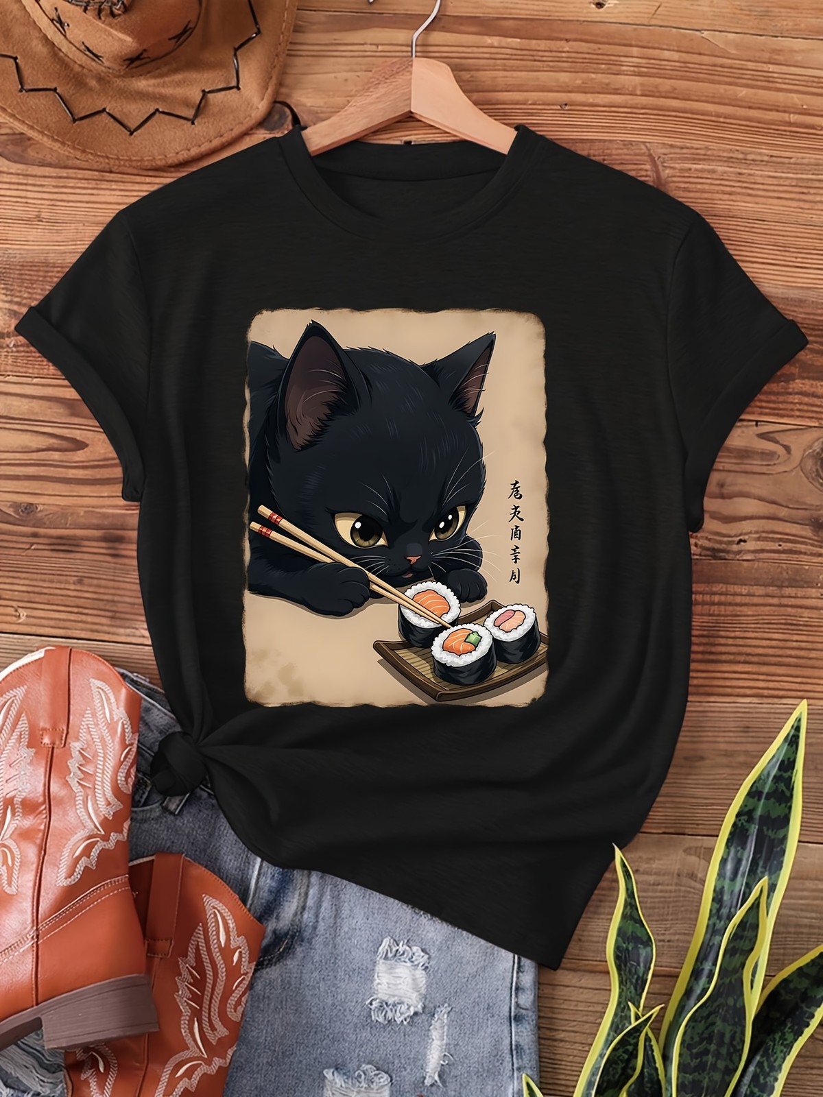 Women’s Kawaii Cat Sushi Graphic T-Shirt Cute Japanese Food Anime Tee Top