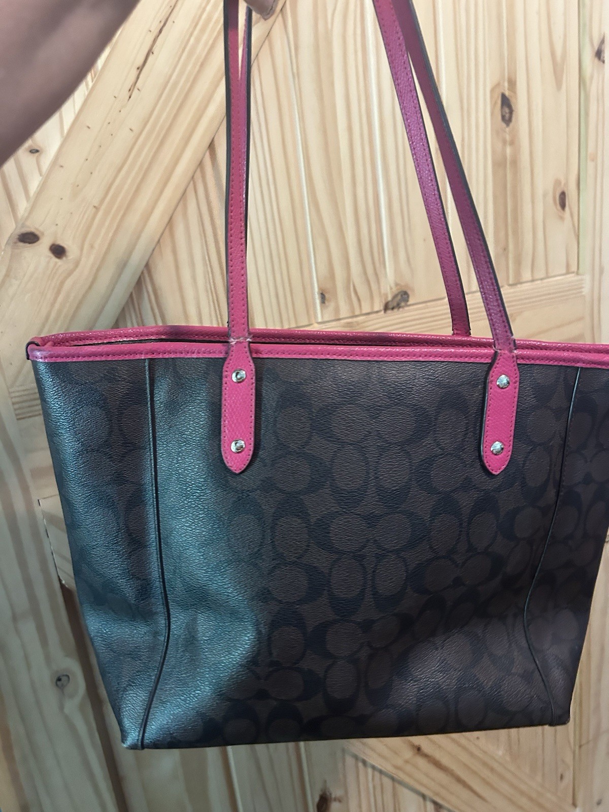 Coach Signature Ruby Tote Bag Brown Pink Zip Closure Silver Hardware Lined