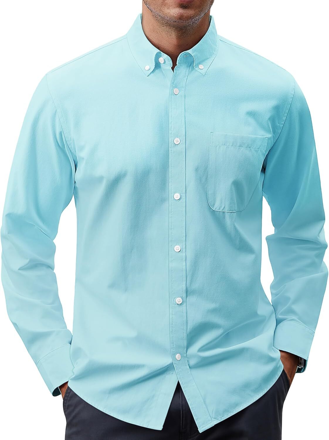 Men’s Oxford Shirt Solid Button Down Collar Long Sleeve Dress Shirt with Pocket