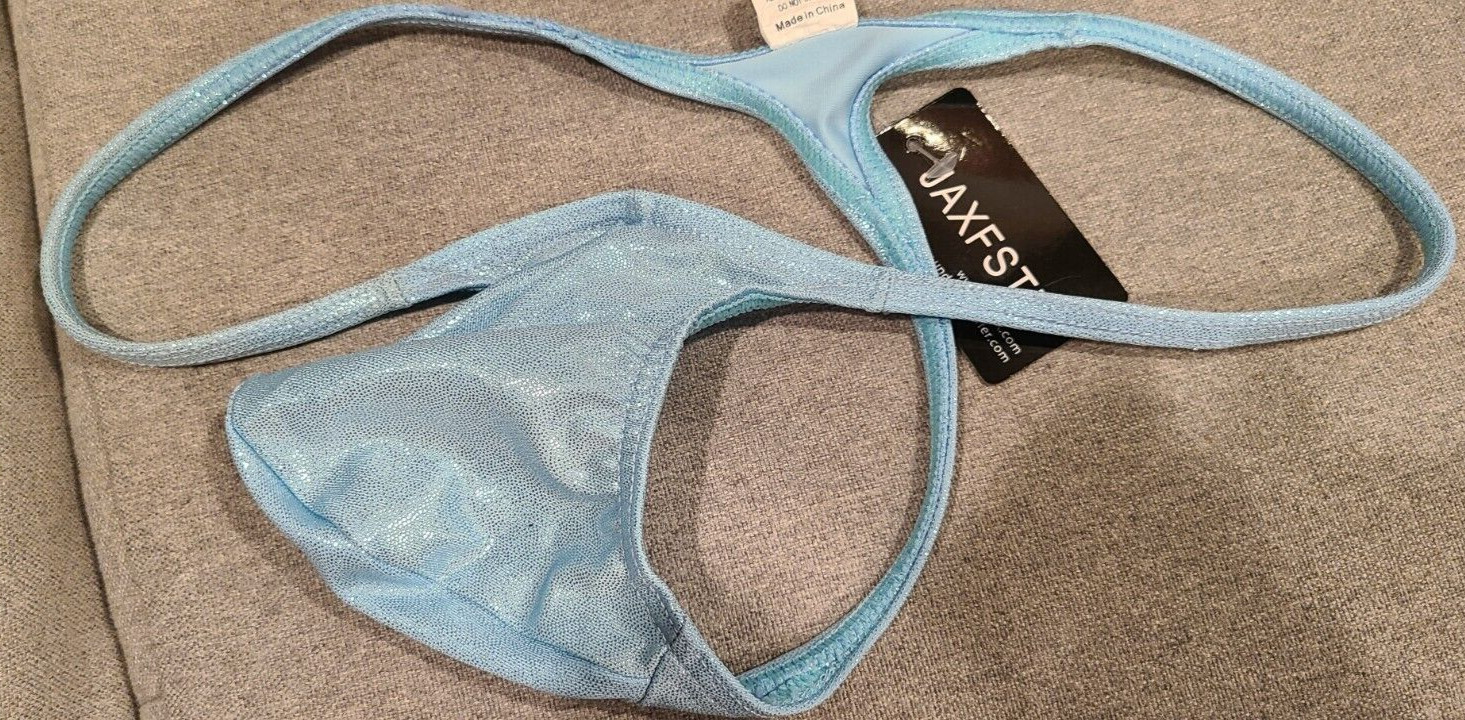 MENS WET LOOK SHINY METALLIC BABY BLUE MICRO THONG-(M-28-34)