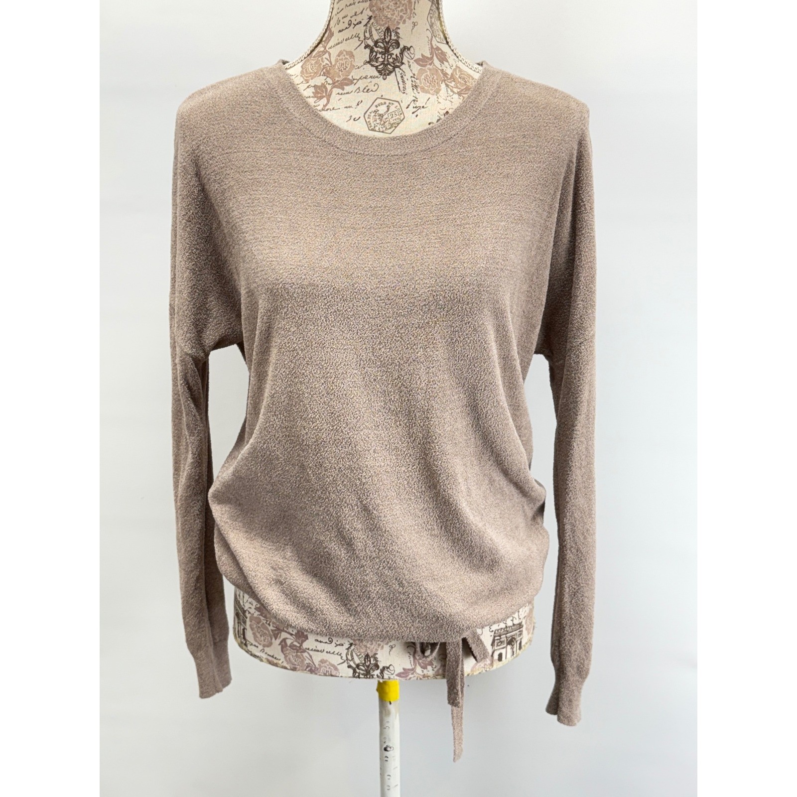 Barefoot Dreams Cozy Chic Taupe Marl Knit Tie Front Pullover long sleeve top S