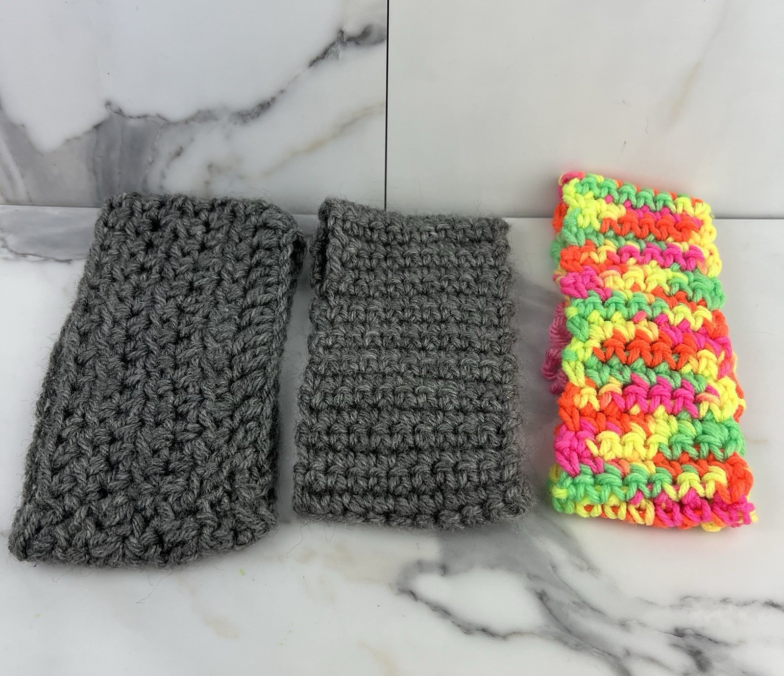 Handmade Crochet Headband Ear Warmer Gray Multicolor Flower Accents Set of 3