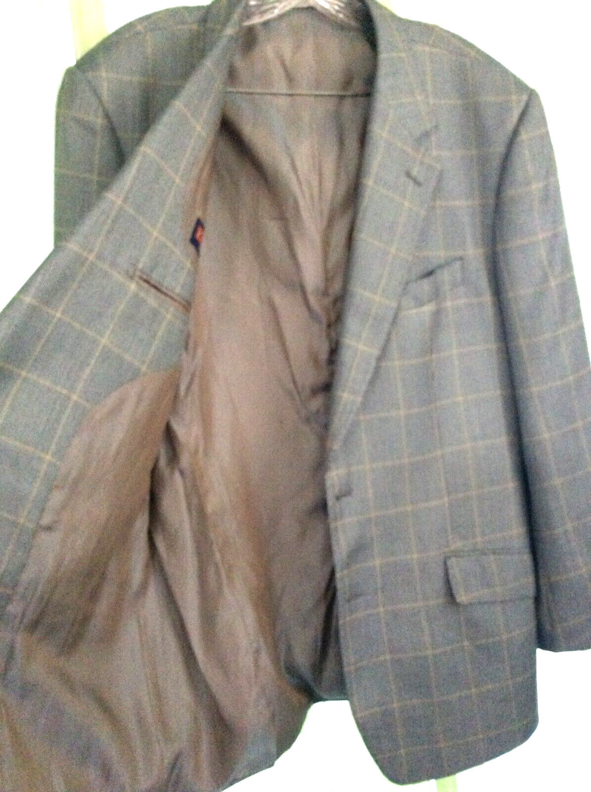 MENS SZ 44 R E. THOMAS COAT SUIT JACKET SMOOTH Checks on Gray Wool Silk
