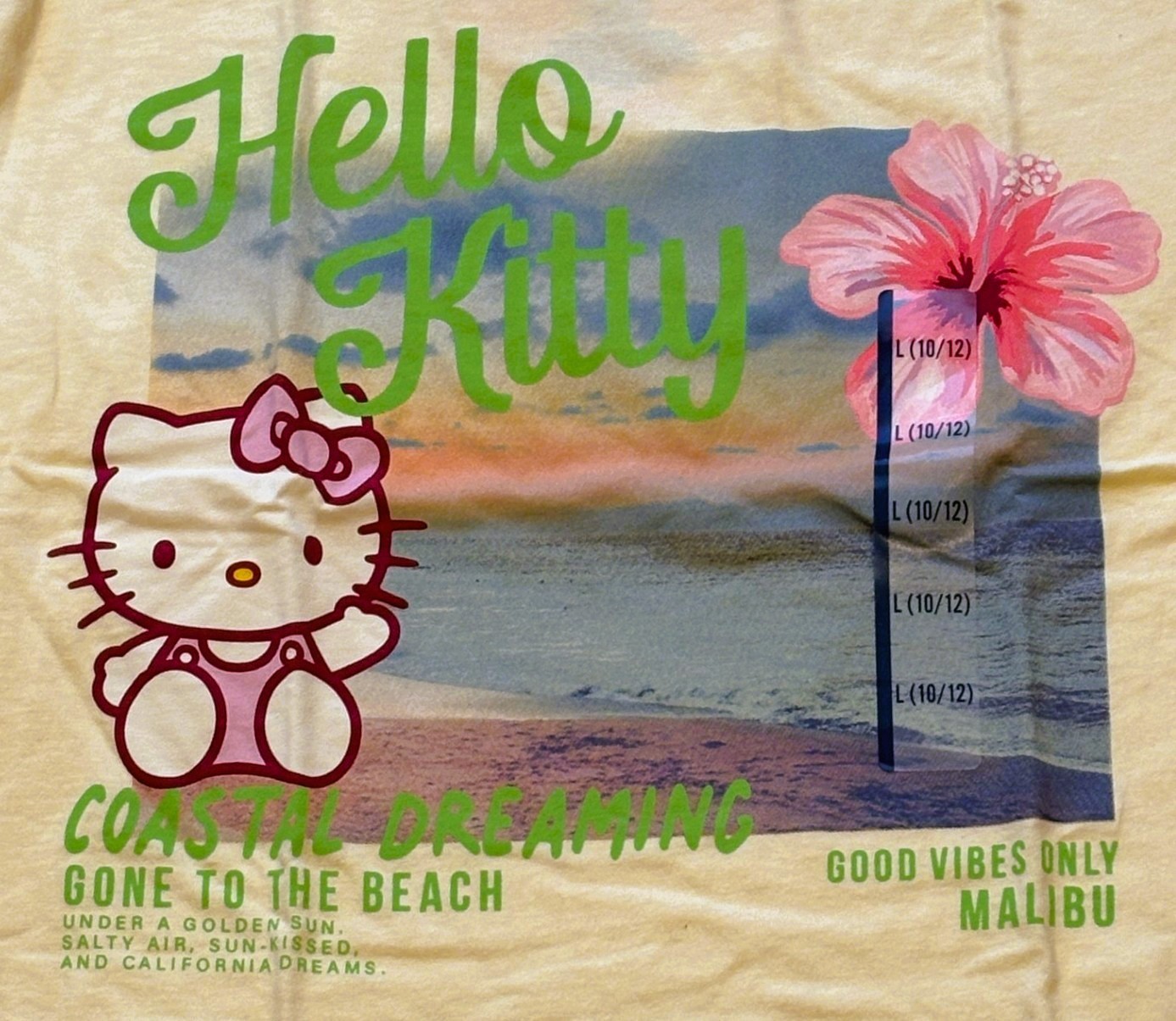 New Hello Kitty Sanrio Yellow Coastal Dreaming Tee Shirt Size L 10-12 NWT