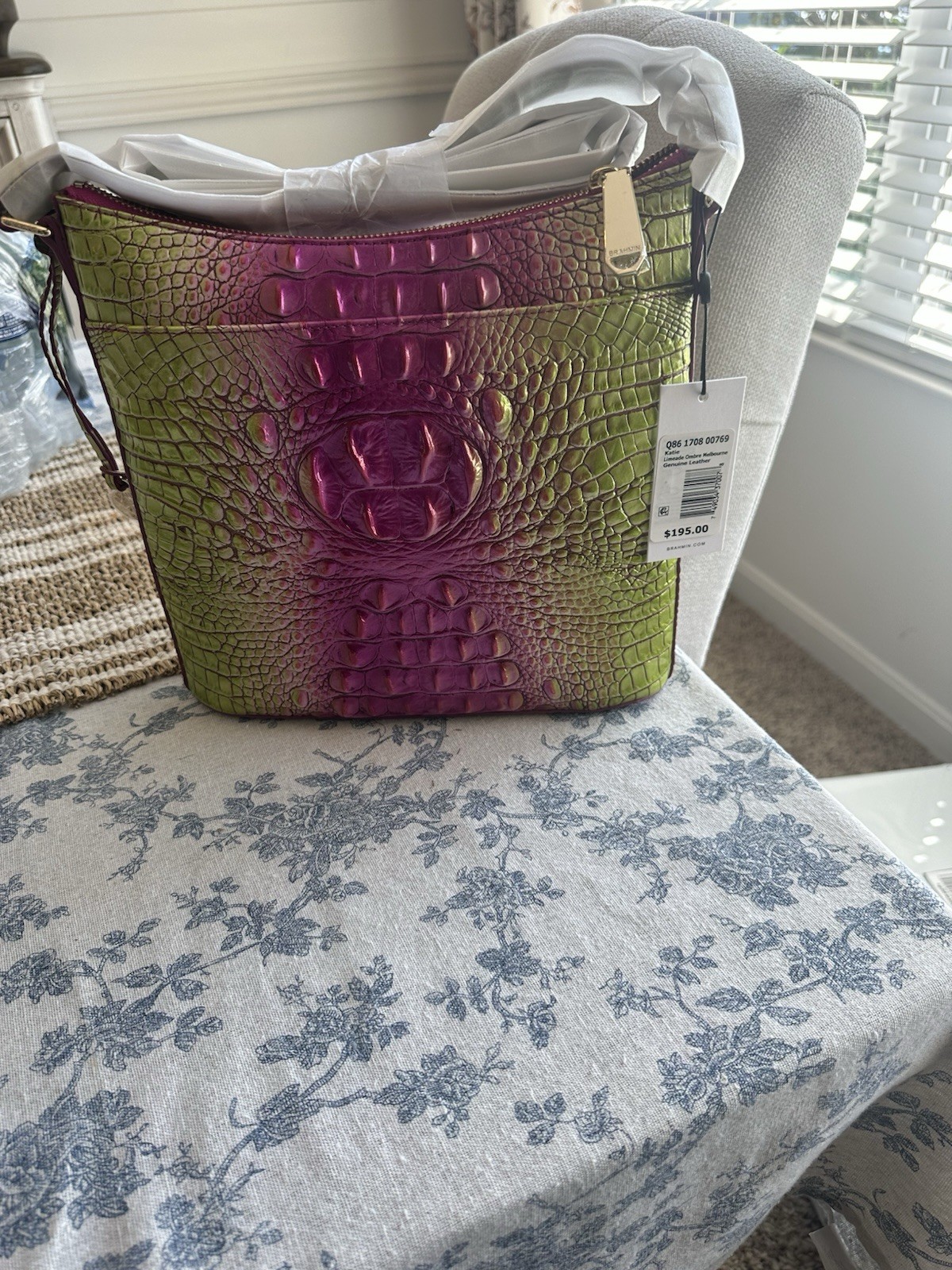 Brahmin Medium Green Purple Croc Embossed Shoulder Bag Zip Gold Hardware