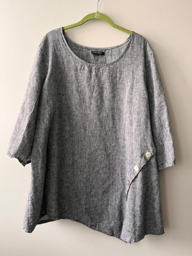 For Cynthia Gray Linen Blend Asymmetric Tunic Top Blouse 1X Lagenlook Coastal