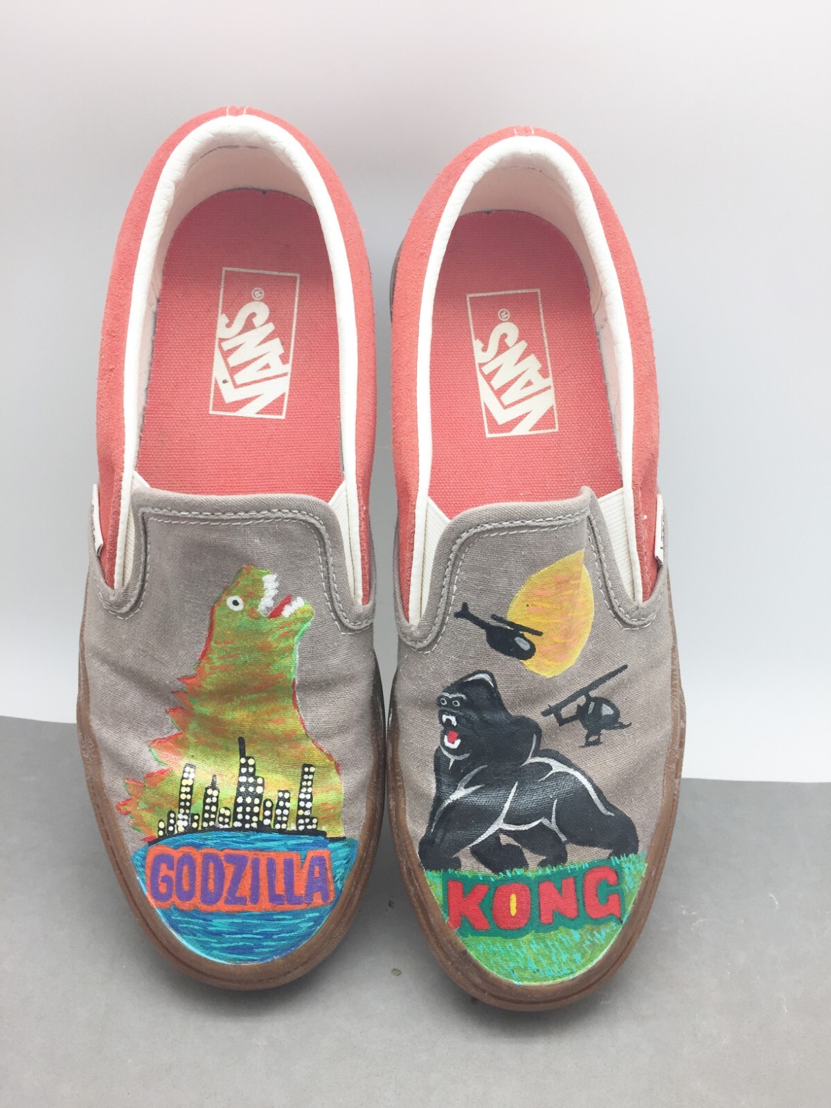 Vans Off The Wall Shoes Custom Hand Painted Godzilla/ King Kong Man 6 Woman 7.5