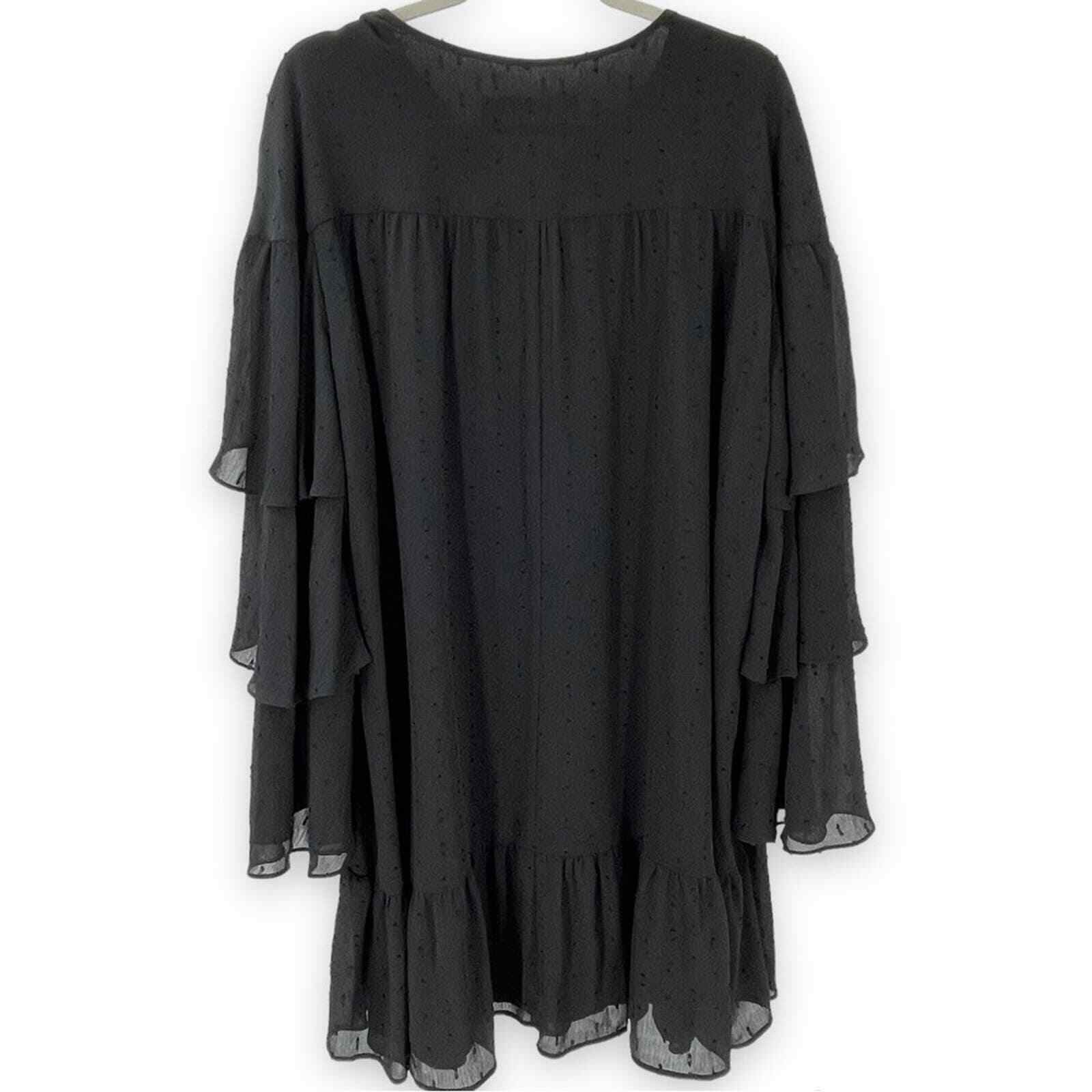 NWT Happy X Nature XL Tiered Swiss Dot Dress Black Long Sleeves