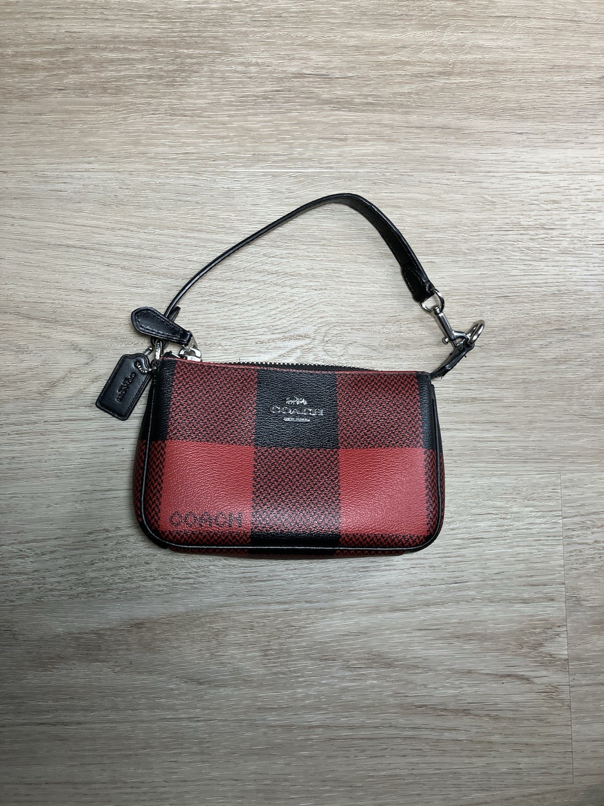 COACH Nolita 15 Zip Wristlet Pouch Red Black Buffalo Plaid Vegan Leather C1580